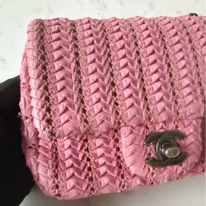 Chanel 💗粉色編織小方胖包口蓋包-1