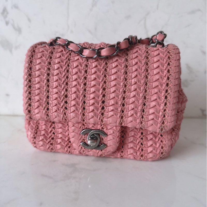 Chanel 💗粉色編織小方胖包口蓋包-3