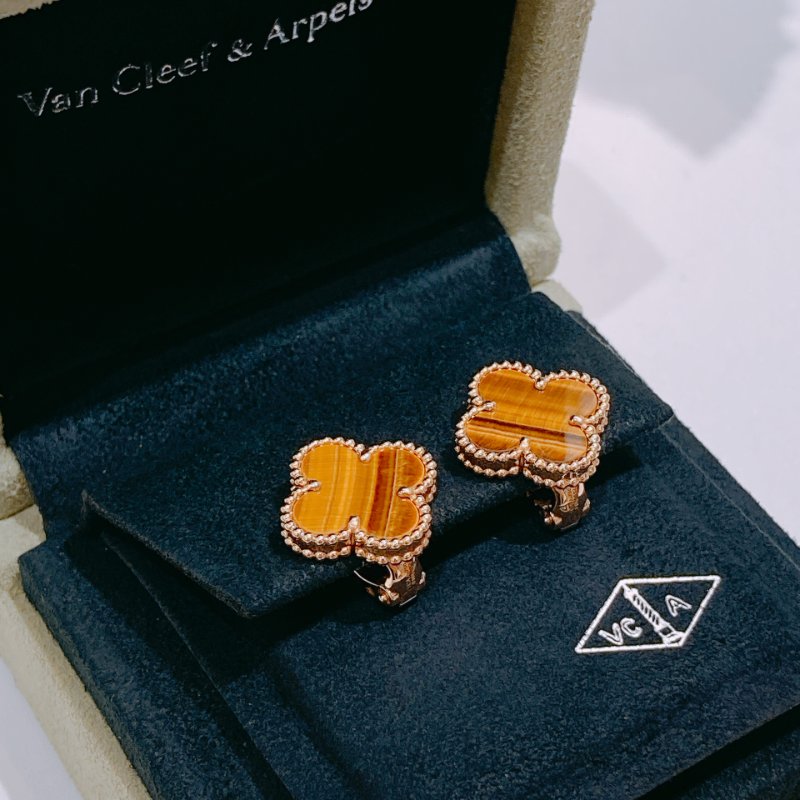 TW4664 Van Cleef & Arpels VCA四葉草 虎眼石耳環 Vintage Alhanmbra Earrings 18K Yellow x Tiger Eye-7