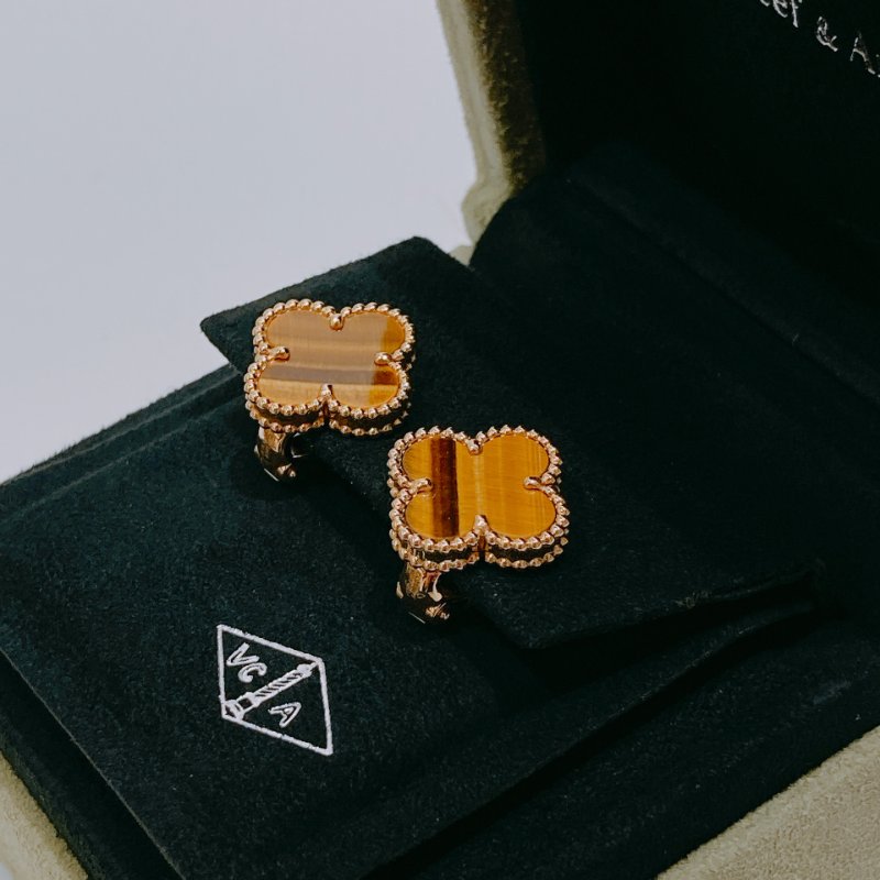 TW4664 Van Cleef & Arpels VCA四葉草 虎眼石耳環 Vintage Alhanmbra Earrings 18K Yellow x Tiger Eye-8