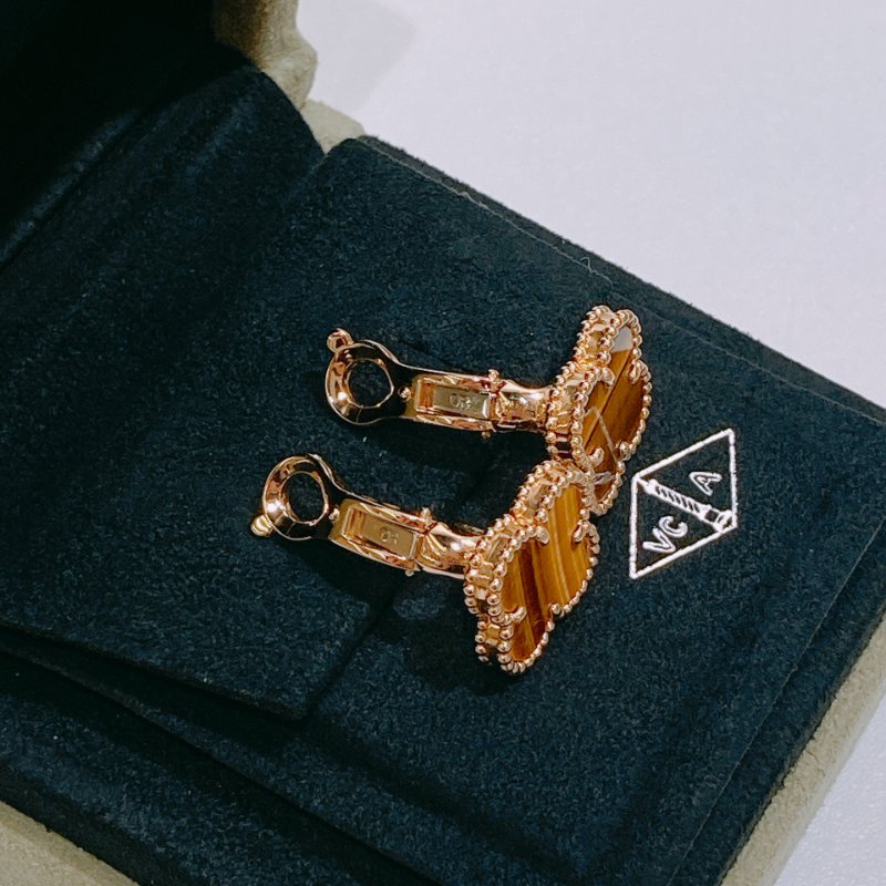 TW4664 Van Cleef & Arpels VCA四葉草 虎眼石耳環 Vintage Alhanmbra Earrings 18K Yellow x Tiger Eye-12