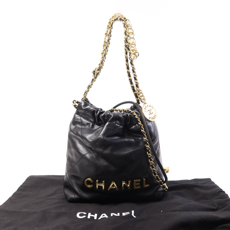 CHANEL 羊皮皮革Chanel Mini 22金扣鏈帶肩背袋-7