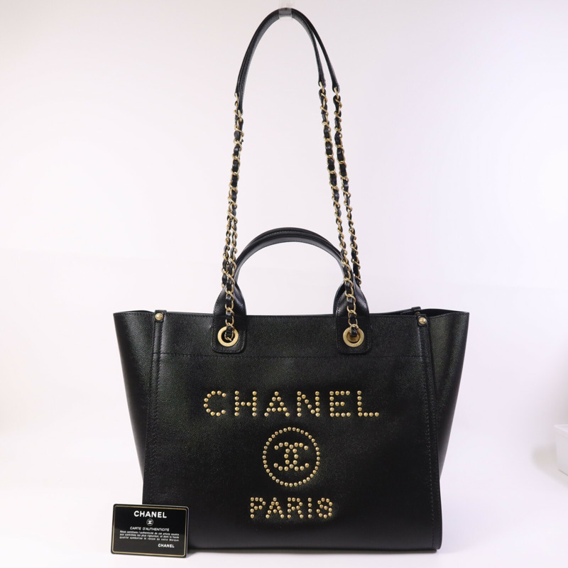 CHANEL 牛皮皮革Deauville金扣鏈帶肩背袋-13