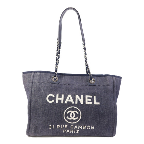 CHANEL 牛仔布Deauville銀扣鏈帶肩背袋