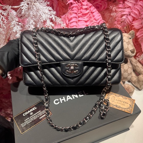 Chanel 荔枝黑銀CF25/斜背包/王吉娜古董精品