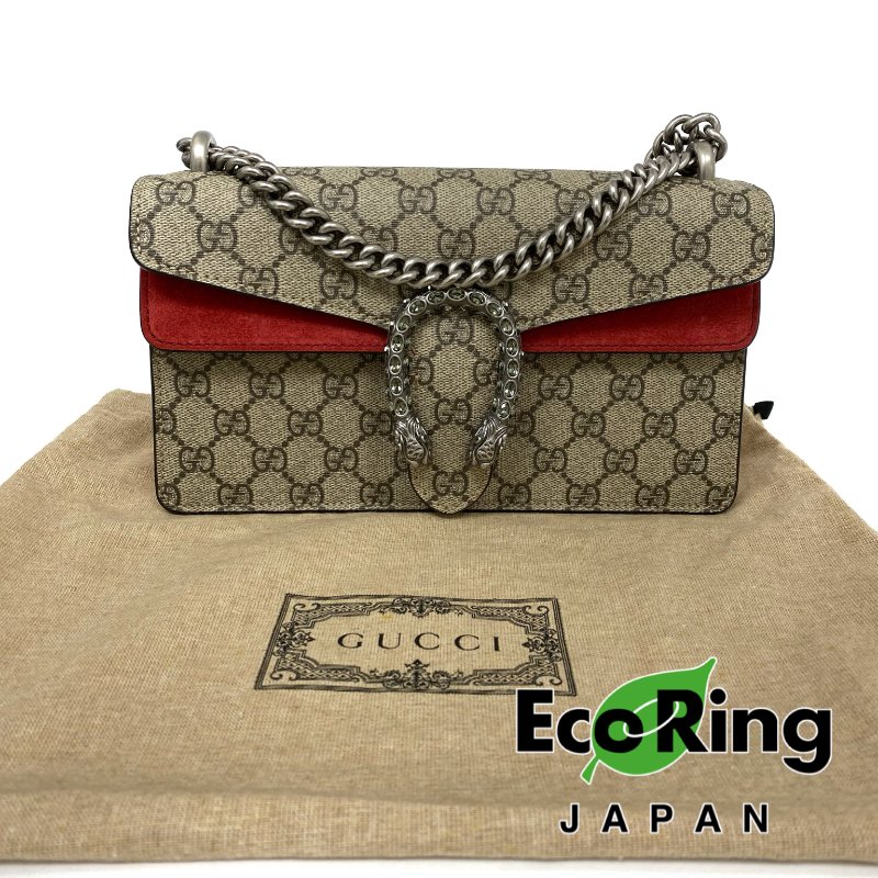 △ Gucci 古馳 Beige And Red Coated Canvas Suede Dionysus Chain Shoulder Bag 499623 淺褐色和紅色塗層帆布和麂皮鎖鏈肩背袋 - 257026165-0