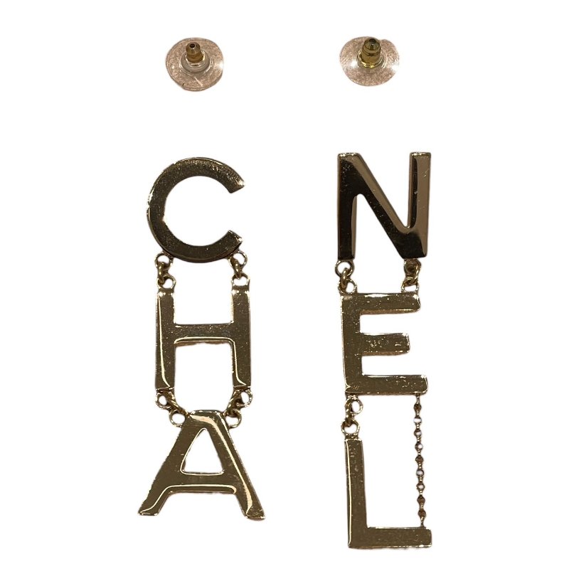 CHANEL 香奈兒 LOGO針式垂墜耳環 金色 合金-1