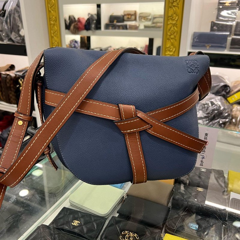 東區正精品㊣LOEWE GATE 藍色拚咖啡色牛皮斜背包郵差包馬鞍包綁帶禮物包大款 30CM RZ5034-0