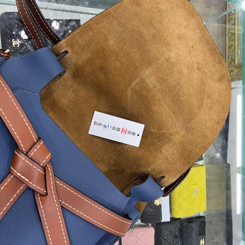 東區正精品㊣LOEWE GATE 藍色拚咖啡色牛皮斜背包郵差包馬鞍包綁帶禮物包大款 30CM RZ5034-1