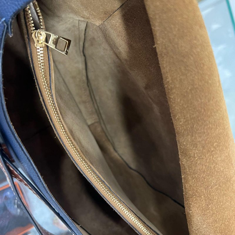 東區正精品㊣LOEWE GATE 藍色拚咖啡色牛皮斜背包郵差包馬鞍包綁帶禮物包大款 30CM RZ5034-3