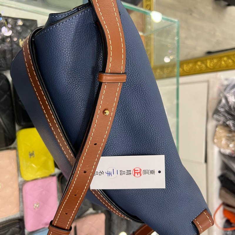 東區正精品㊣LOEWE GATE 藍色拚咖啡色牛皮斜背包郵差包馬鞍包綁帶禮物包大款 30CM RZ5034-4