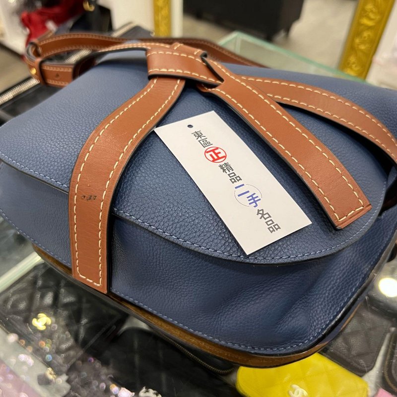 東區正精品㊣LOEWE GATE 藍色拚咖啡色牛皮斜背包郵差包馬鞍包綁帶禮物包大款 30CM RZ5034-5
