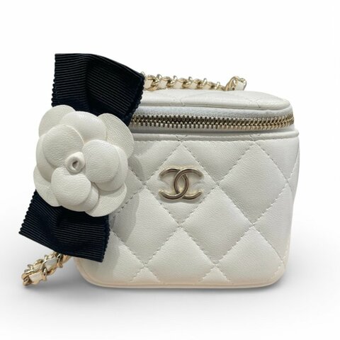 CHANEL 香奈兒 山茶花迷你箱包 皮革 白色 金扣