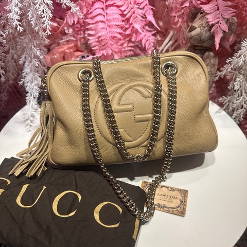 Gucci 馬蒙肩背包/奶茶色/王吉娜古董精品