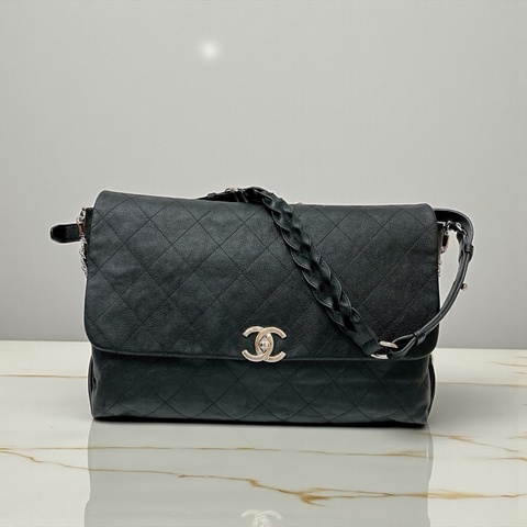 莉亞精品♡ Chanel 麻花肩帶口蓋包 黑銀 二手美包