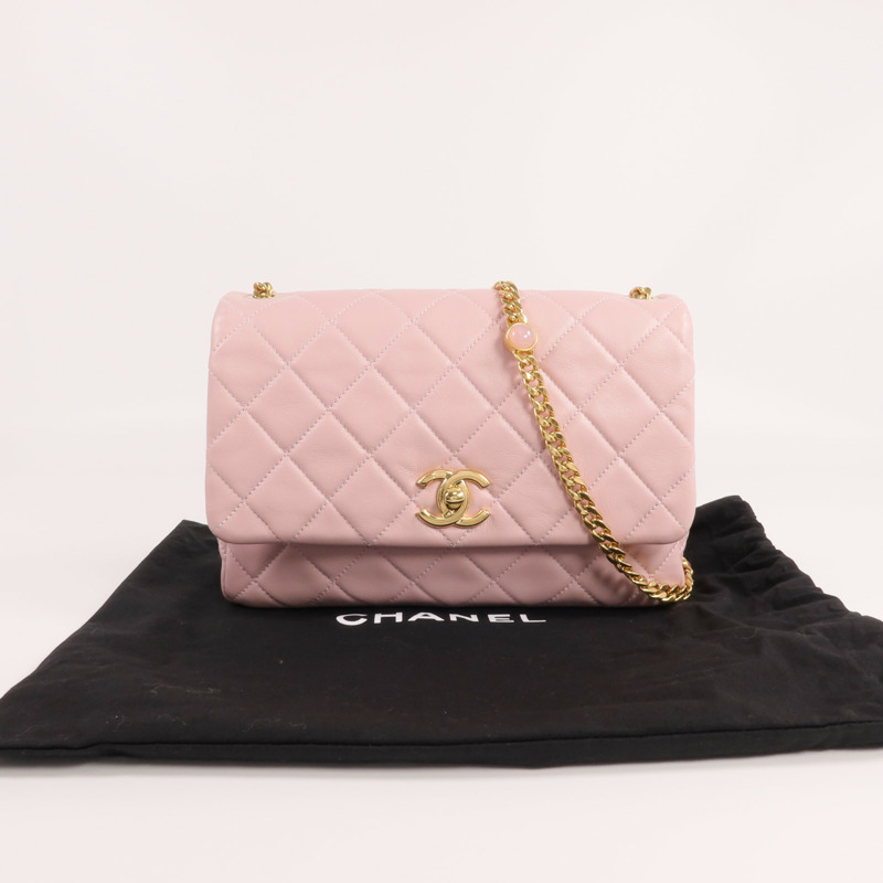 CHANEL 羊皮皮革Chain Shoulder金扣鏈帶肩背袋-9