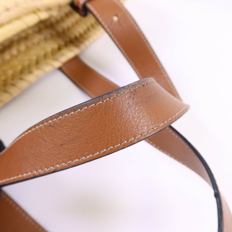 LOEWE Raffia/牛皮皮革Small Basket銀扣肩背袋-17