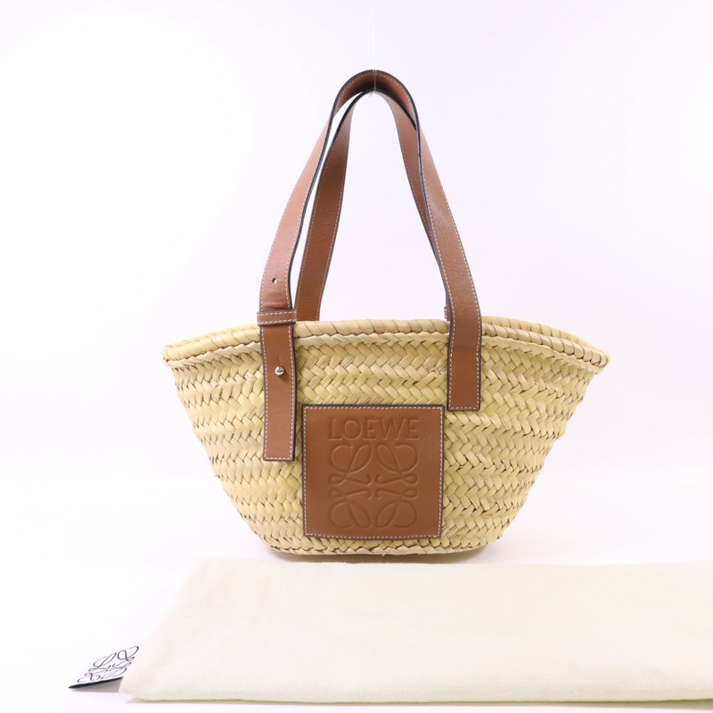 LOEWE Raffia/牛皮皮革Small Basket銀扣肩背袋-18