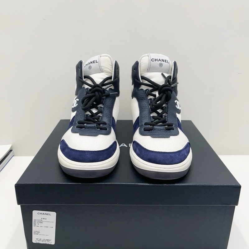 99新Chanel香奈兒 藍白拼色雙C圓頭系帶高幫運動鞋 板鞋 成色很好 40碼 男女同款 一-2