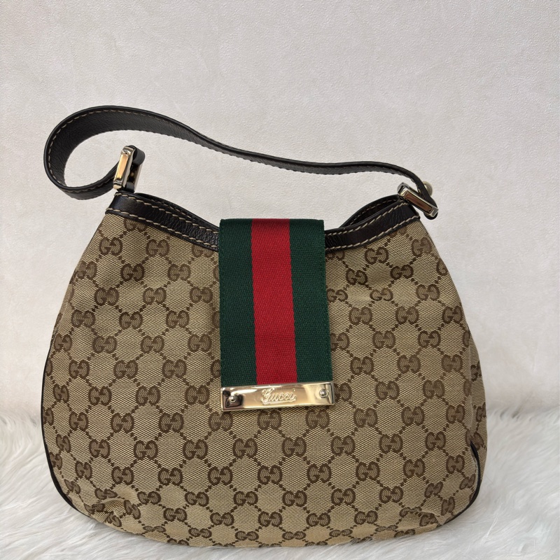 GUCCI 233608 GG LOGO 綠紅綠織帶 老花字紋緹花布 咖啡牛皮 肩背包 HOBO-0