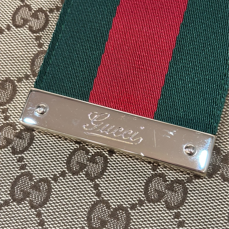 GUCCI 233608 GG LOGO 綠紅綠織帶 老花字紋緹花布 咖啡牛皮 肩背包 HOBO-1