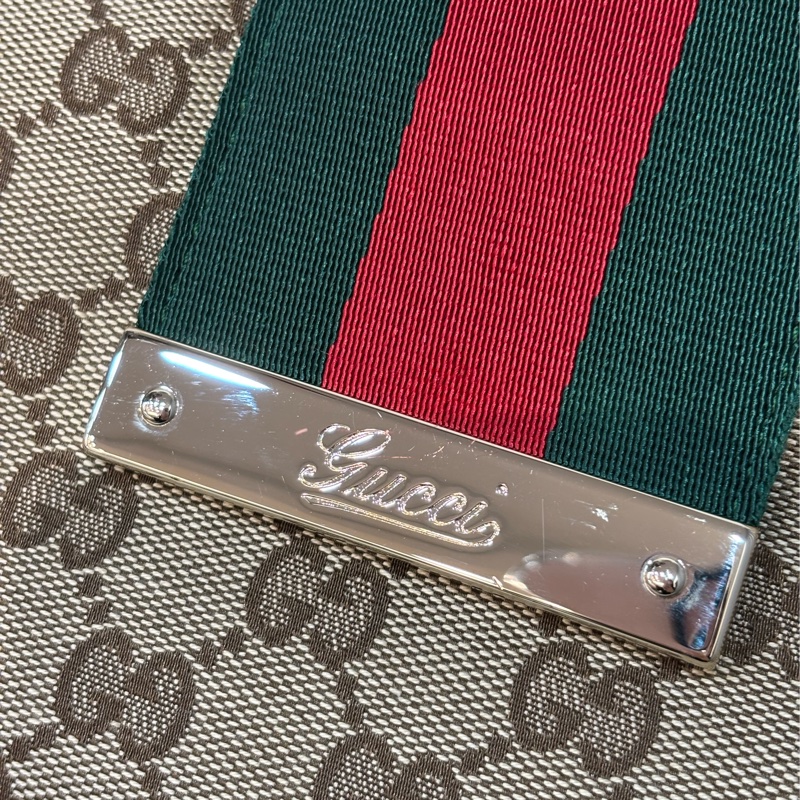 GUCCI 233608 GG LOGO 綠紅綠織帶 老花字紋緹花布 咖啡牛皮 肩背包 HOBO-2