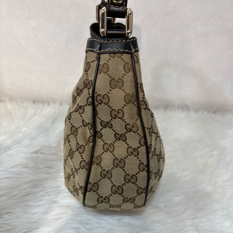 GUCCI 233608 GG LOGO 綠紅綠織帶 老花字紋緹花布 咖啡牛皮 肩背包 HOBO-3