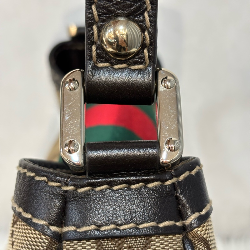 GUCCI 233608 GG LOGO 綠紅綠織帶 老花字紋緹花布 咖啡牛皮 肩背包 HOBO-4