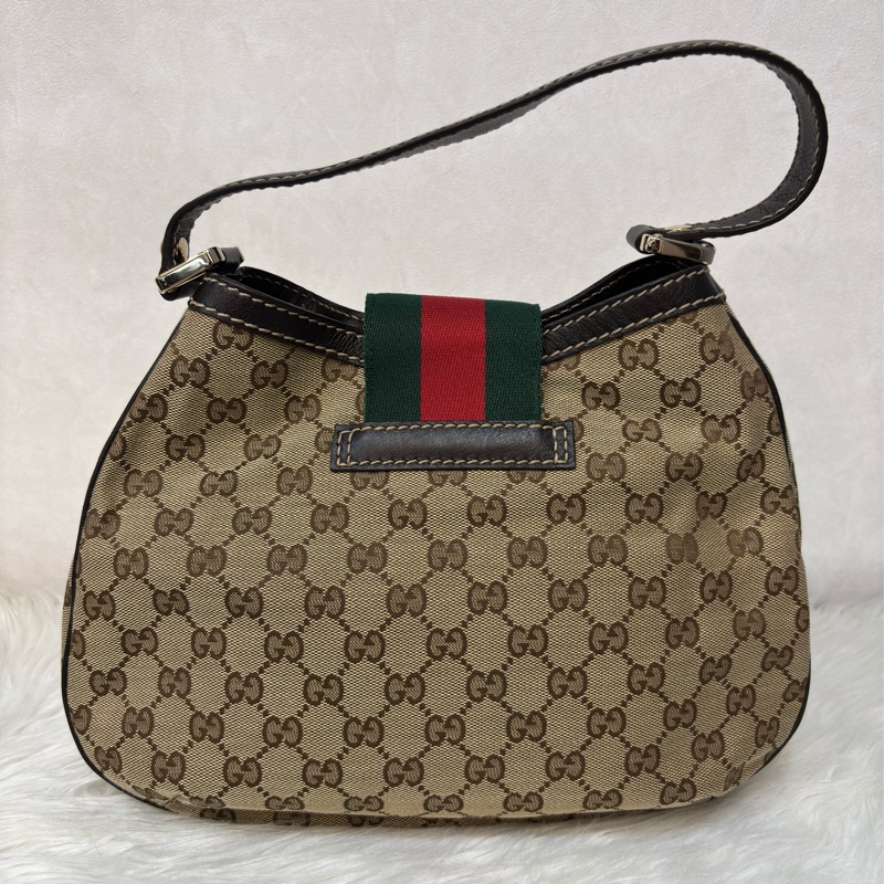 GUCCI 233608 GG LOGO 綠紅綠織帶 老花字紋緹花布 咖啡牛皮 肩背包 HOBO-5