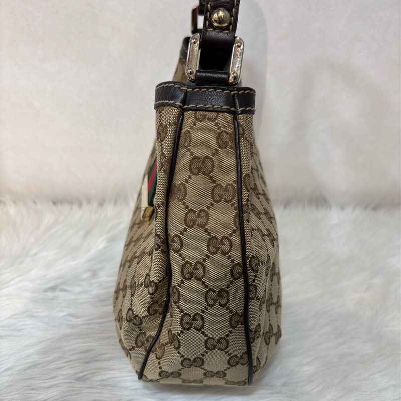 GUCCI 233608 GG LOGO 綠紅綠織帶 老花字紋緹花布 咖啡牛皮 肩背包 HOBO-6