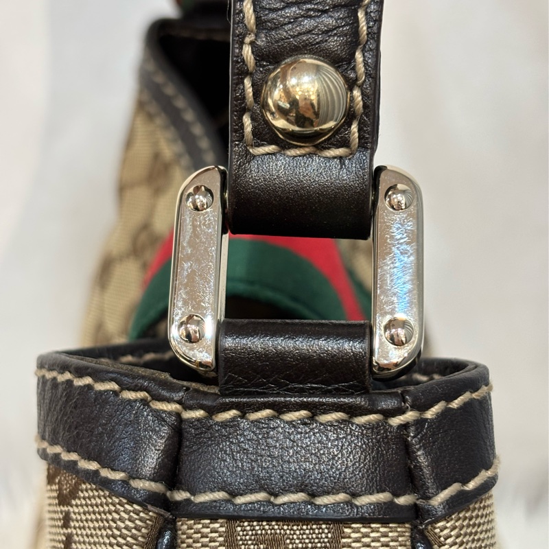 GUCCI 233608 GG LOGO 綠紅綠織帶 老花字紋緹花布 咖啡牛皮 肩背包 HOBO-7
