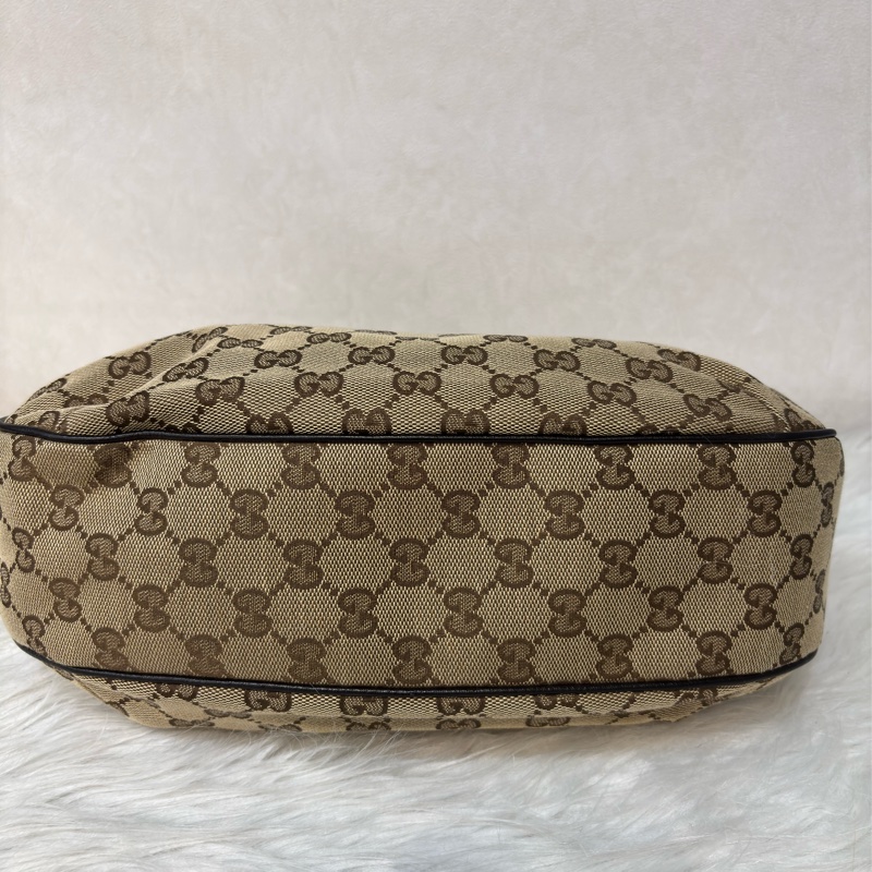 GUCCI 233608 GG LOGO 綠紅綠織帶 老花字紋緹花布 咖啡牛皮 肩背包 HOBO-11