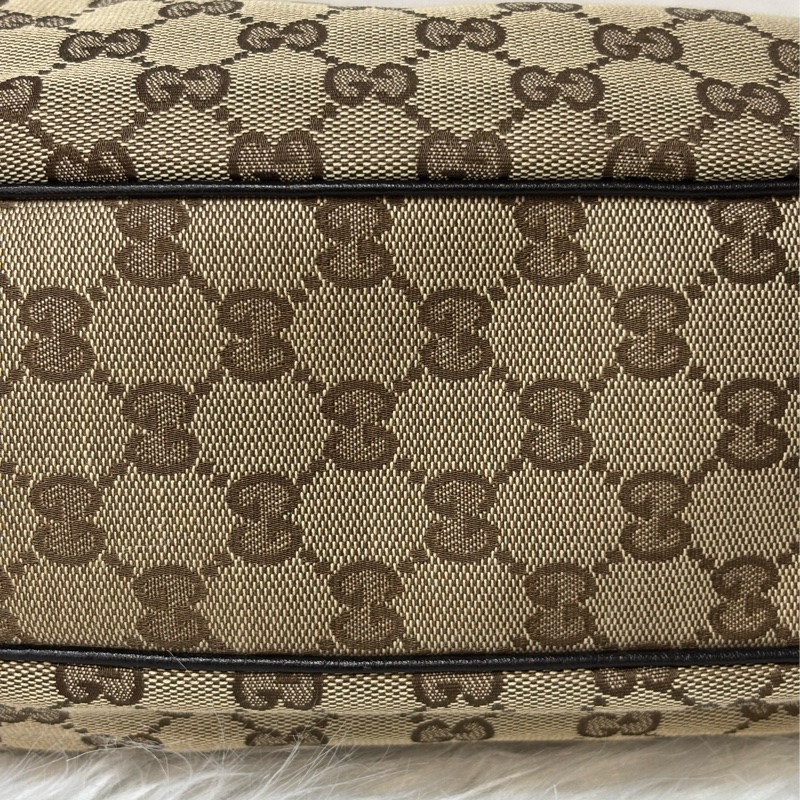 GUCCI 233608 GG LOGO 綠紅綠織帶 老花字紋緹花布 咖啡牛皮 肩背包 HOBO-12