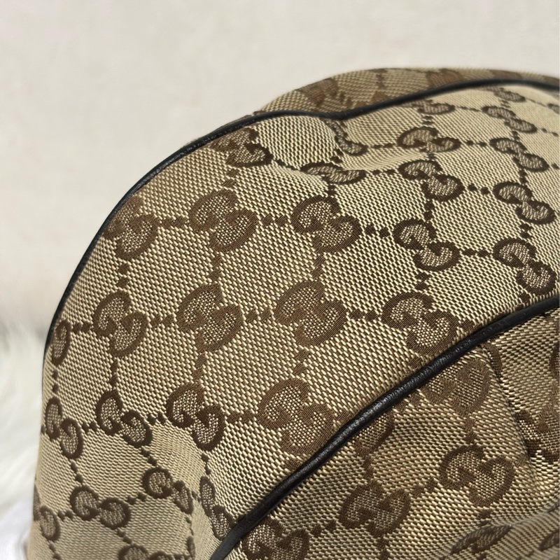 GUCCI 233608 GG LOGO 綠紅綠織帶 老花字紋緹花布 咖啡牛皮 肩背包 HOBO-14