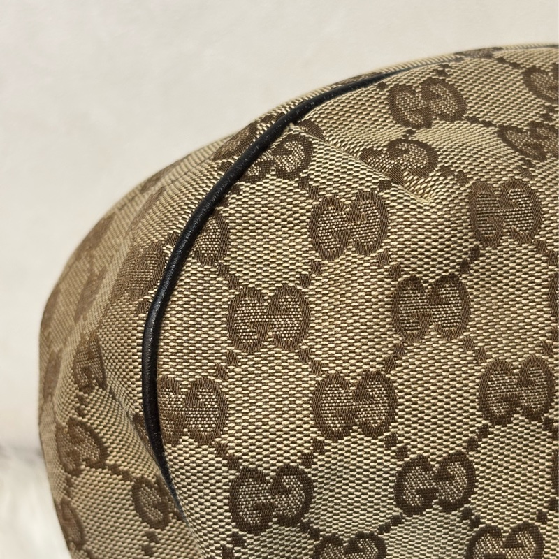 GUCCI 233608 GG LOGO 綠紅綠織帶 老花字紋緹花布 咖啡牛皮 肩背包 HOBO-15