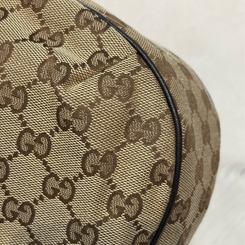 GUCCI 233608 GG LOGO 綠紅綠織帶 老花字紋緹花布 咖啡牛皮 肩背包 HOBO-18