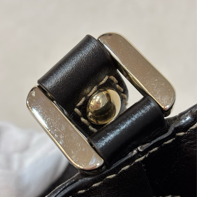 GUCCI 233608 GG LOGO 綠紅綠織帶 老花字紋緹花布 咖啡牛皮 肩背包 HOBO-25