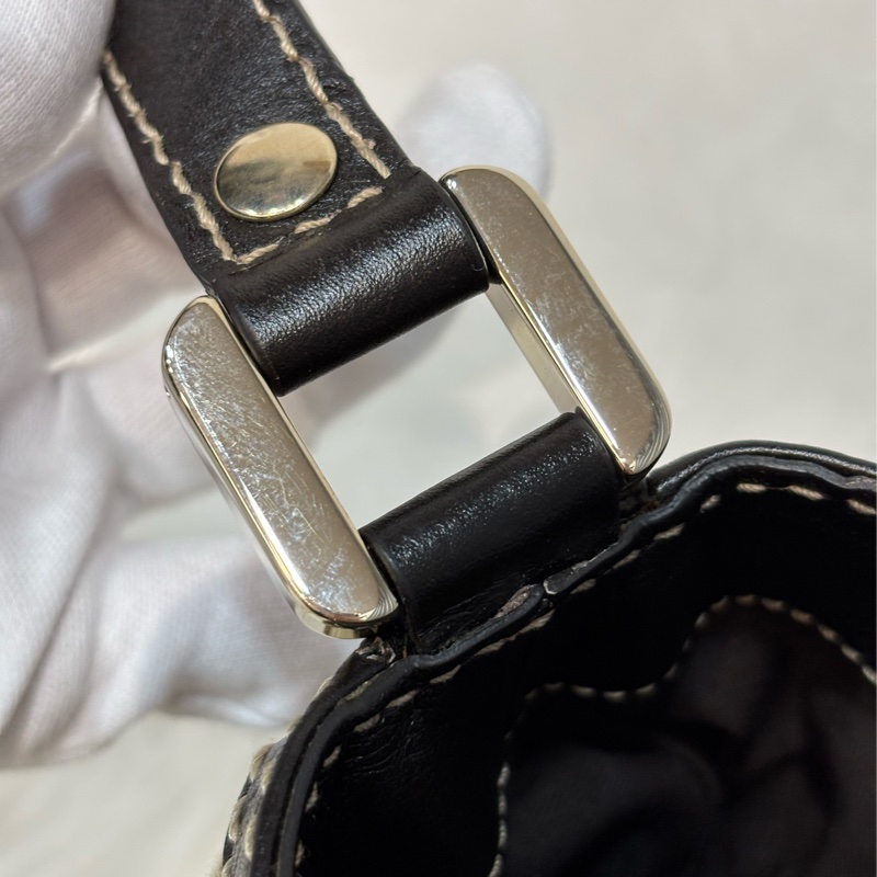 GUCCI 233608 GG LOGO 綠紅綠織帶 老花字紋緹花布 咖啡牛皮 肩背包 HOBO-26