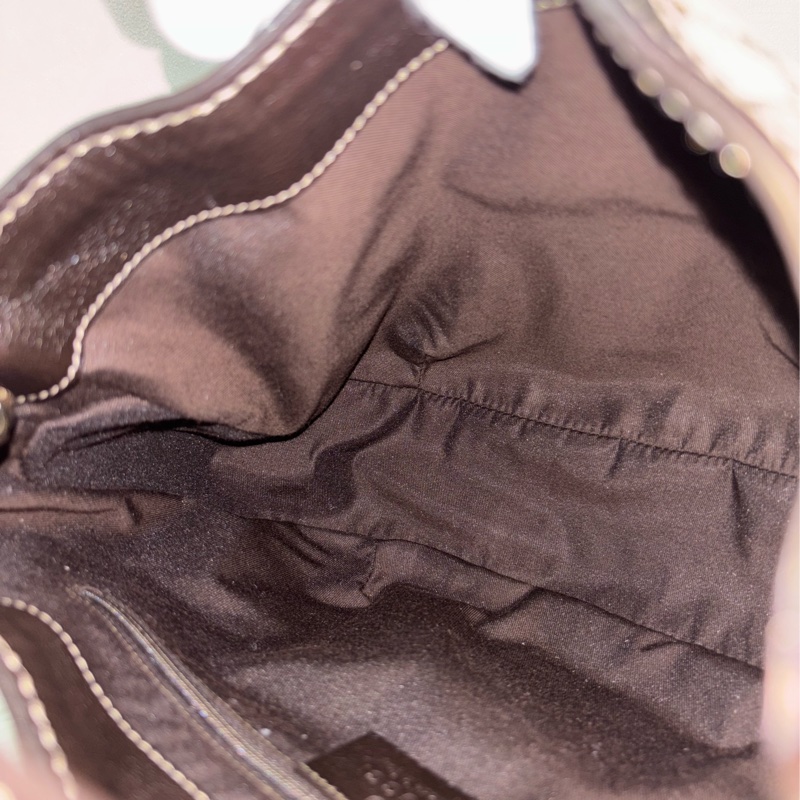 GUCCI 233608 GG LOGO 綠紅綠織帶 老花字紋緹花布 咖啡牛皮 肩背包 HOBO-31