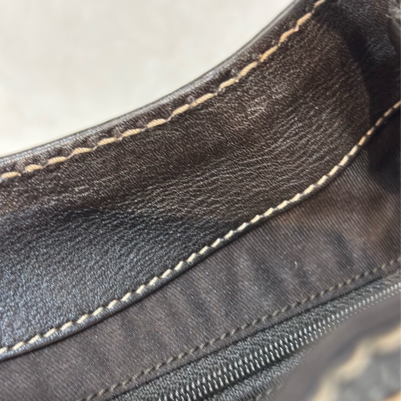 GUCCI 233608 GG LOGO 綠紅綠織帶 老花字紋緹花布 咖啡牛皮 肩背包 HOBO-38