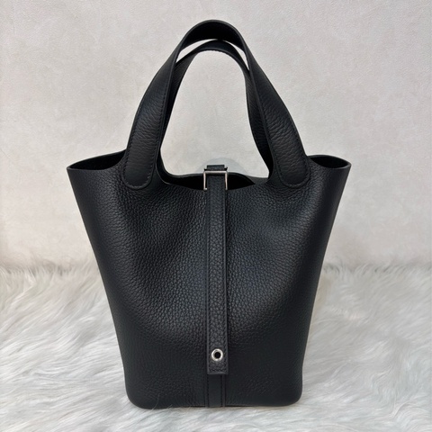 HERMES PICOTIN 18 TC 黑色荔枝皮銀釦 手提包 水桶包 菜籃包 菜籃子