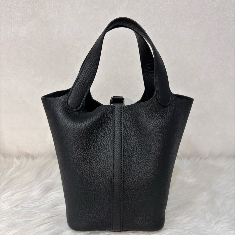 HERMES PICOTIN 18 TC 黑色荔枝皮銀釦 手提包 水桶包 菜籃包 菜籃子-3