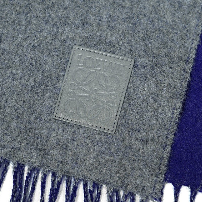 Loewe 雙面羊毛和羊絨混紡圍巾 灰色/藍色-4