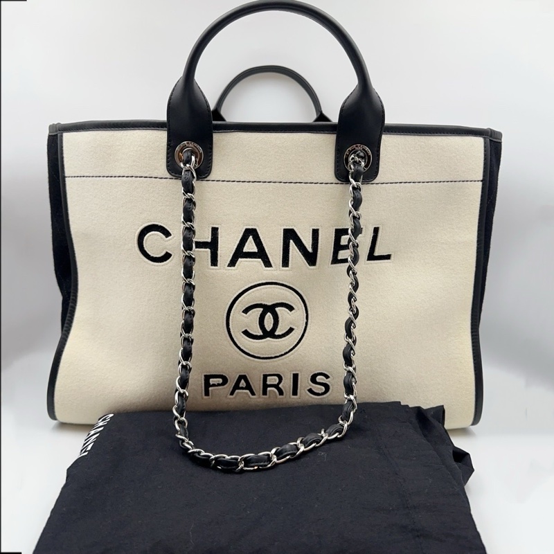 99新CHANEL 香奈兒 19K 沙灘包 購物袋 熊貓配色 拼色黑白字母大Logo 毛氈布拼牛皮 托特包 尺寸:長55cm 寬21cm 高32cm 附件:防塵袋-0
