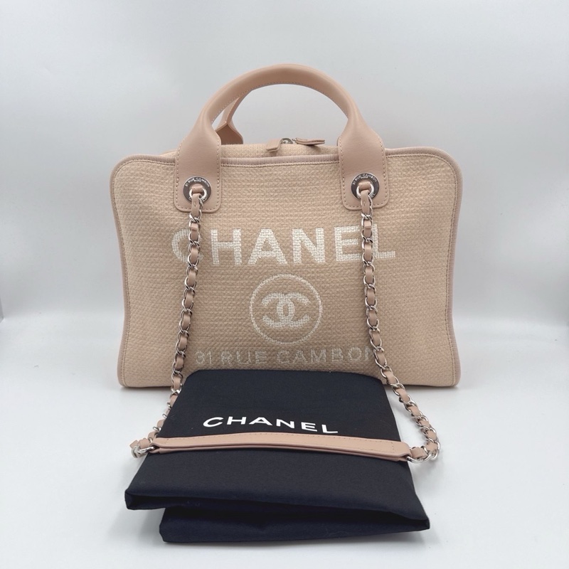 99新芯片款 CHANEL 香奈兒 22S 帆布保齡球沙灘包 雙C LOGO 皮質提手 混合纖維-0
