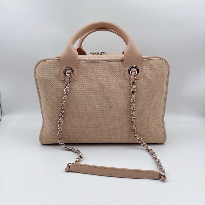 99新芯片款 CHANEL 香奈兒 22S 帆布保齡球沙灘包 雙C LOGO 皮質提手 混合纖維-1