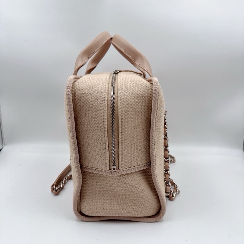 99新芯片款 CHANEL 香奈兒 22S 帆布保齡球沙灘包 雙C LOGO 皮質提手 混合纖維-3