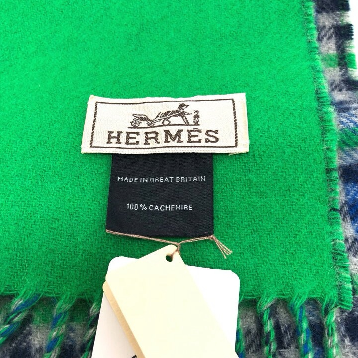 全新未使用愛馬仕Hermes 格紋圍巾灰/藍/綠-2