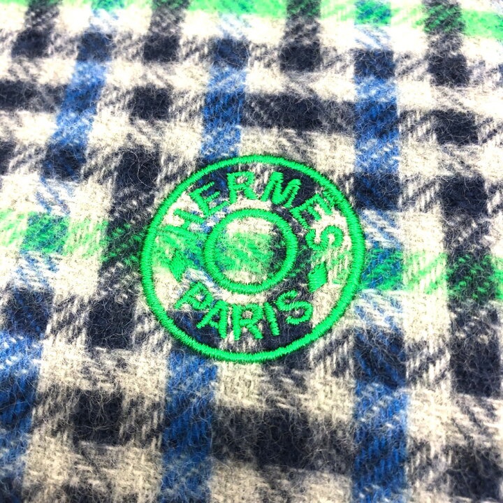 全新未使用愛馬仕Hermes 格紋圍巾灰/藍/綠-4