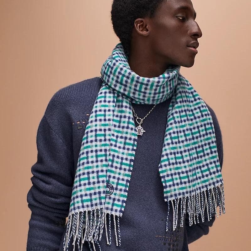 全新未使用愛馬仕Hermes 格紋圍巾灰/藍/綠-6